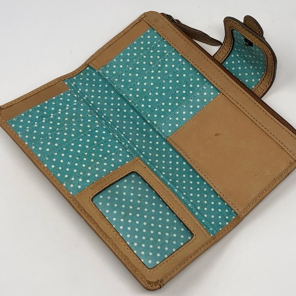Fossil Wallet Tate Clutch Light Tan Cowhide Leather Teal Polka Dot Interior - Picture 4 of 9